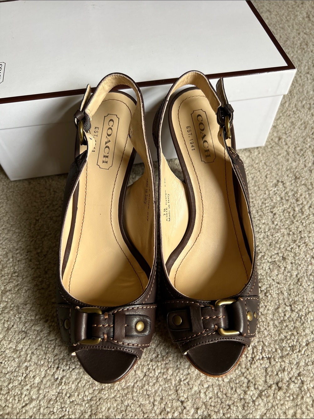 COACH Dark Brown Leather Peep-Toe Slingback Heels size 7